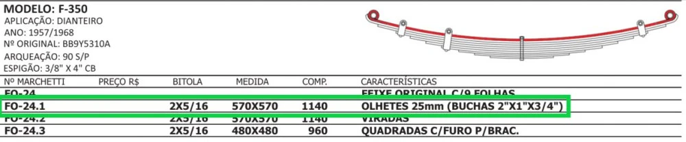 Mola Mestre Dianteira Para Ford F350 1957 até 1968 Com buchas