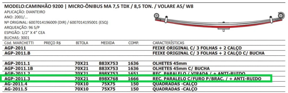 Terceira Mola Dianteira Volare A5/V5/V6/V8/W8 MA 7.5/8.5/9.2