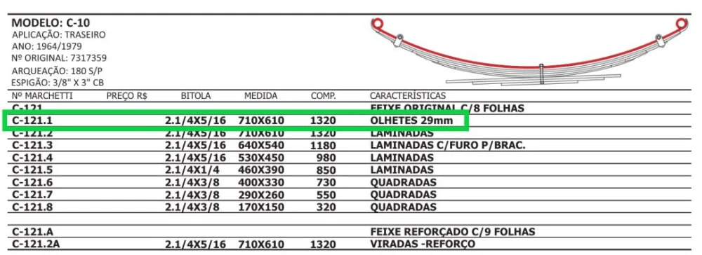 Mola Mestre Traseira Chevrolet C10 1964 Até 1979 Com buchas