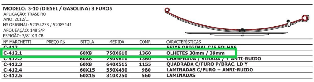 Mola Traseira Mestre S10 2012 até 2016 Com buchas