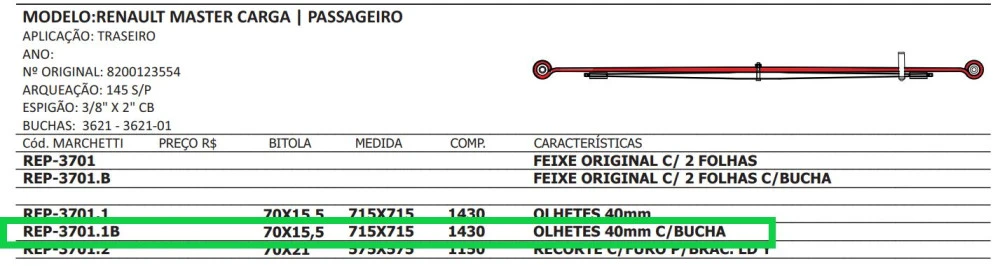 Mola Mestre Traseira Renault Master 1999/2014 Com buchas