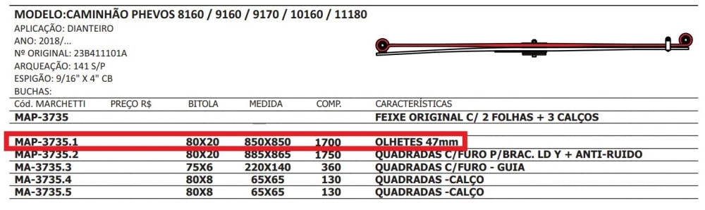 Mola Mestre Dianteira VW Phevos 8160 / 9160 / 9170 / 10160 / 11180