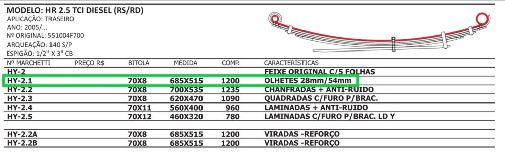 Mola Mestre Traseira Hyundai Hr 2.5 Tci Diesel