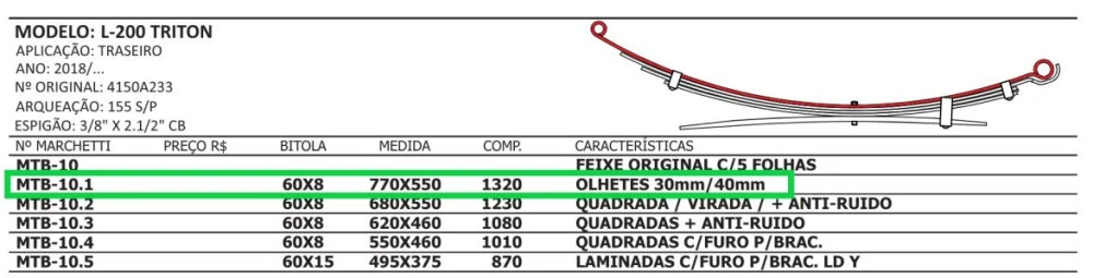 Mola Mestre Traseira L200 Triton 2018/...Com Buchas