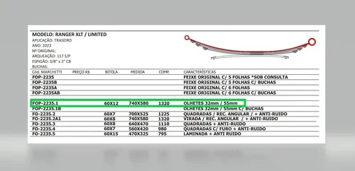 Mola Mestre Traseira Ford Ranger 2023/2024/... Com Buchas