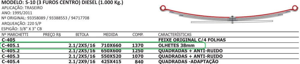 Mola Mestre Traseira S10 1995/2011 Com Buchas (3 Furos no Centro)