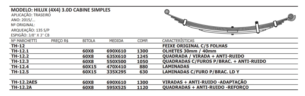 Feixe de Mola Traseiro Completo Hilux 2008 até 2015