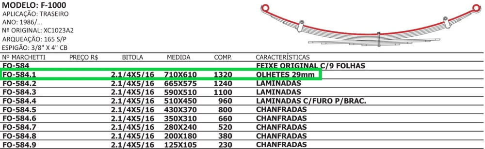 Mola Mestre Traseira Ford F1000 Com Buchas 1986/...