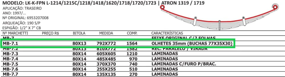 Mola Mestre Traseira Mercedes L-1214/1620 Atron 1319/1719 4x2