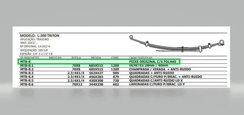 Feixe Mola Traseira L-200 Triton 2008 Até 2016 Com Buchas