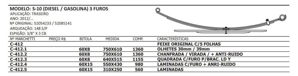 Feixe de mola Traseira S10 2012/2015 Completo