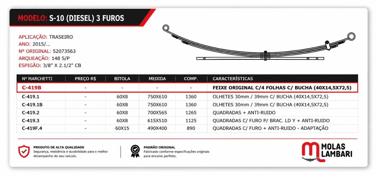Feixe De Mola Traseiro S10 Completo 2015/...